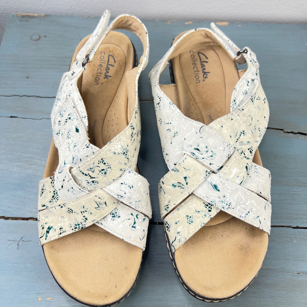 Clarks Collection Arla Glitz Wedge Sandals Cream Teal Floral Womens 9 - Picture 3 of 11